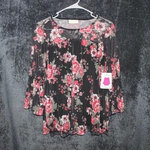 NWT Bobbie & Brooks Black and Pink Floral Pheasant Top